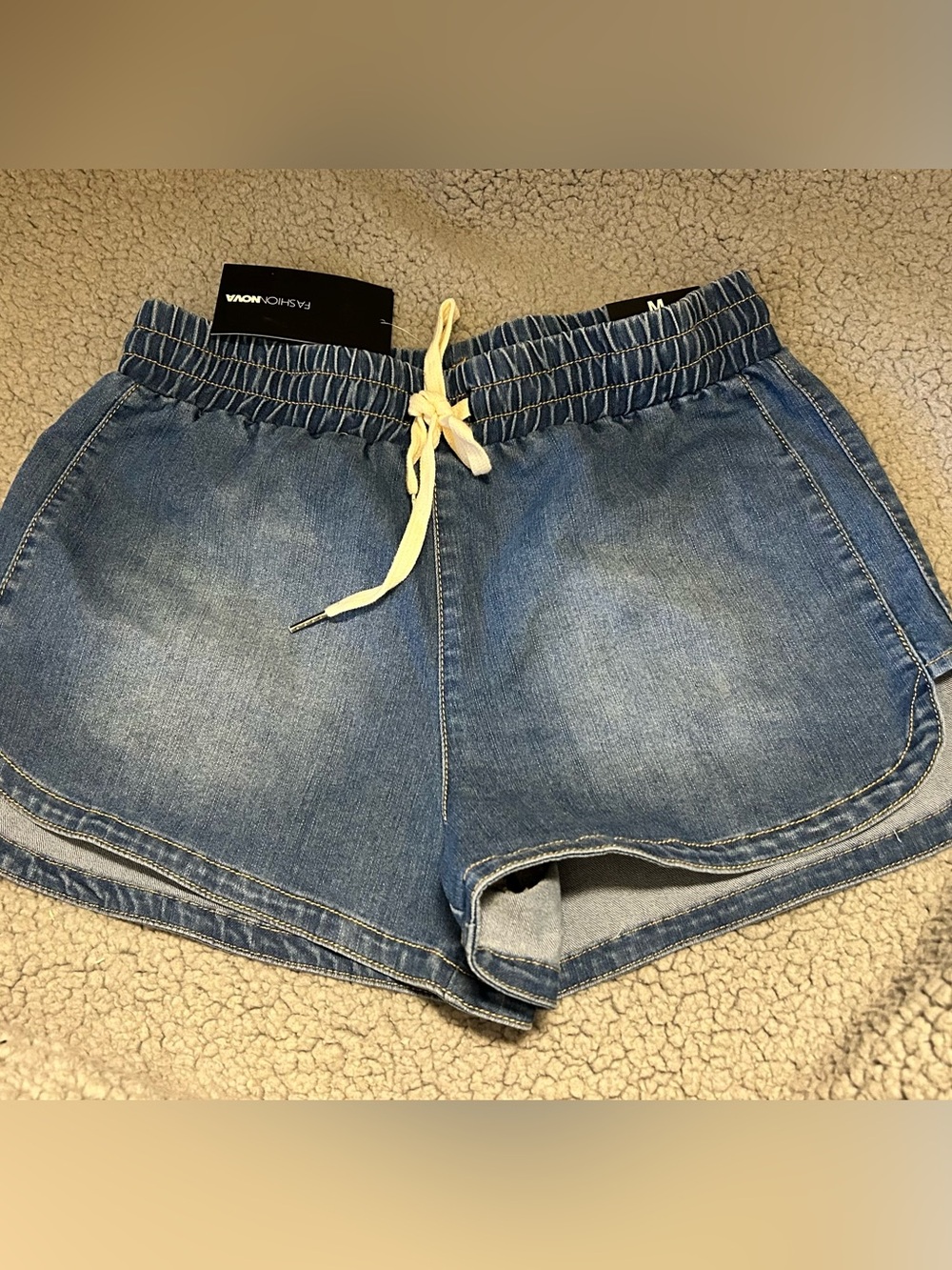 NWT Fashionnova Riding The Wave Drawstring Denim Elastic Waist Shorts Sz Med